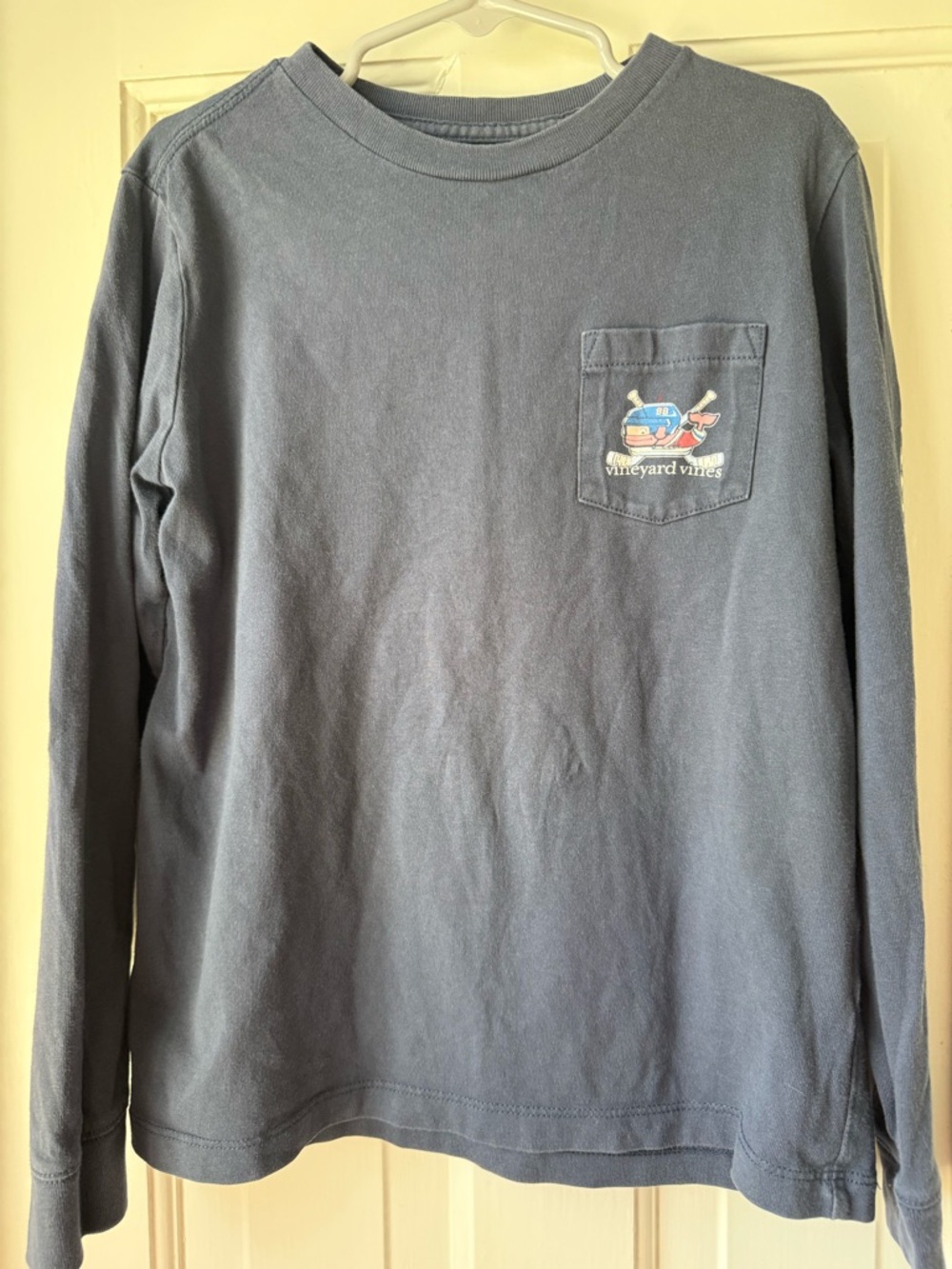 Vineyard Vines Long Sleeve Pocket Tee - Slate Blue with Hockey Player Whale Logo